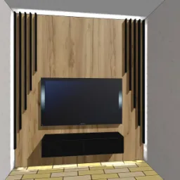 Wizualizacja ściany telewizyjnej z drewnianą okładziną, czarnymi lamelami i podświetlaną szafką RTV.