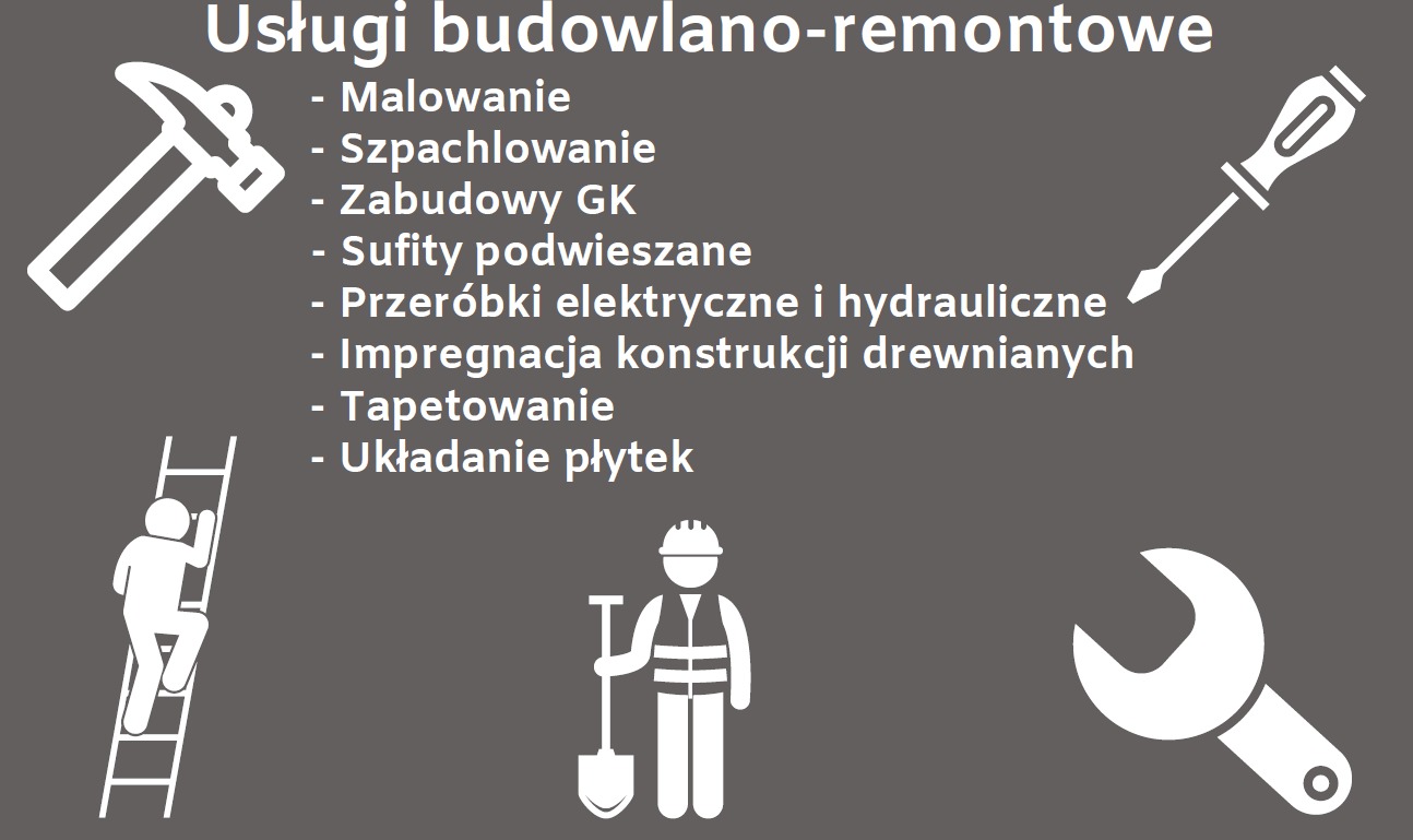 Grafika wektorowa z ikonami narzędzi i postaci symbolizujących usługi budowlano-remontowe w Płoniawach-Bramurze, w tym młotek, drabina, pracownik z łopatą, śrubokręt i klucz płaski oraz lista usług...