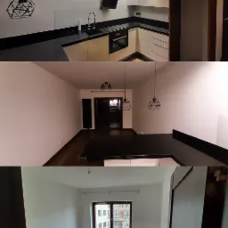 Wnętrze mieszkania po remoncie: kuchnia z czarnym blatem i białymi szafkami, salon z drewnianą podłogą i oknem, widok na budynek z zewnątrz.