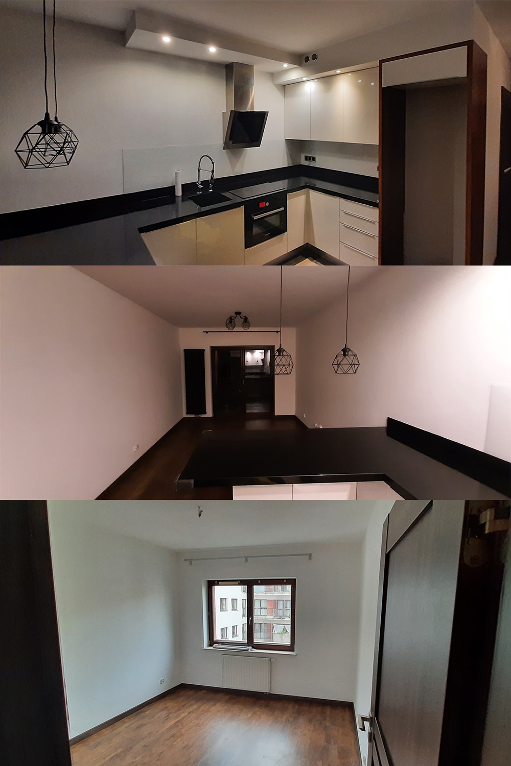 Wnętrze mieszkania po remoncie: kuchnia z czarnym blatem i białymi szafkami, salon z drewnianą podłogą i oknem, widok na budynek z zewnątrz.