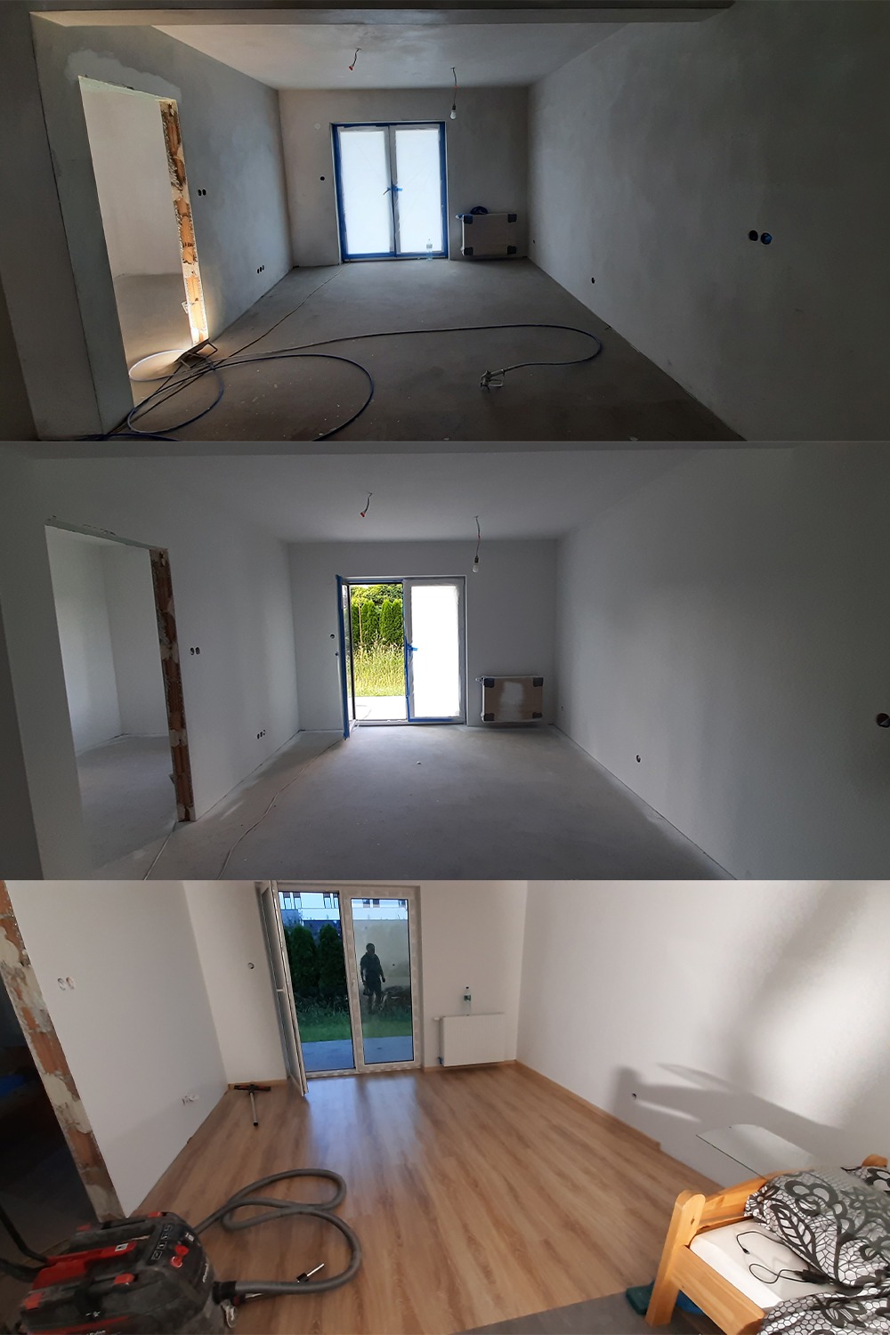 Trzy ujęcia tego samego pomieszczenia w różnych etapach prac: surowe ściany i podłoga, świeżo pomalowane ściany oraz panele podłogowe i odkurzacz na podłodze.