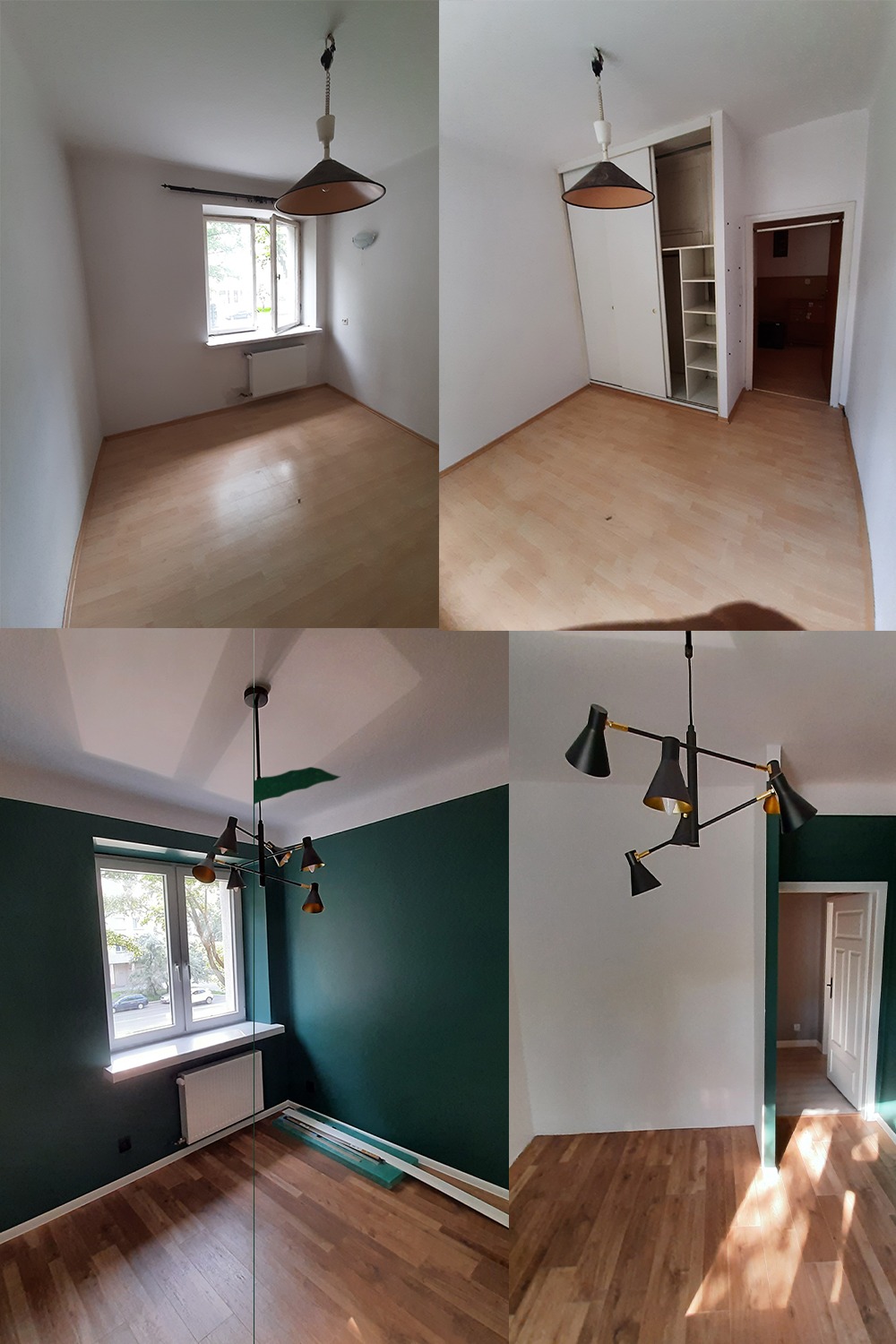 Kolaż przedstawiający pokój przed i po metamorfozie: od białych ścian i jasnej podłogi do zielonych ścian i ciemniejszej podłogi, z widoczną zmianą oświetlenia.