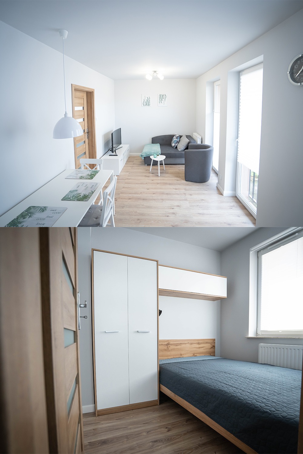 Dwuczęściowe ujęcie wnętrza: salon z szarą sofą i jadalnią z białym stołem oraz sypialnia z łóżkiem i białą szafą, jasne drewniane podłogi, minimalistyczny wystrój.