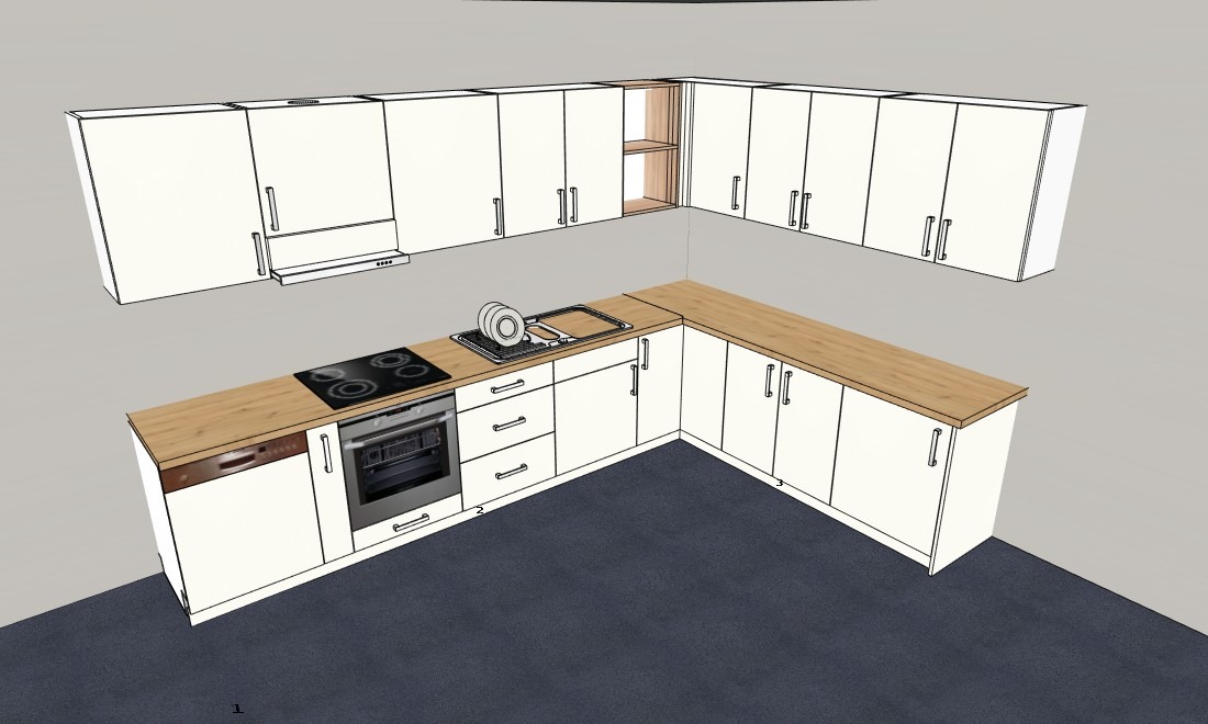 Wizualizacja 3D kuchni w kształcie litery L z białymi szafkami i drewnianym blatem, widok z góry, widoczne sprzęty AGD i naczynia w zlewie.