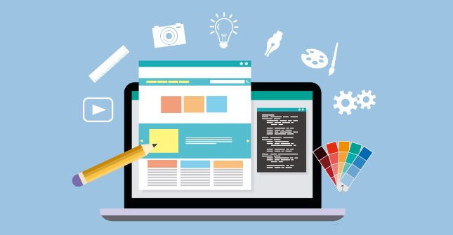 Ilustracja przedstawia proces tworzenia strony internetowej na laptopie, z otwartym oknem edytora kodu i paletą kolorów, otoczona ikonami aparatu, żarówki, linijki, pędzla i koła zębatego...