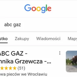 Wyszukiwanie 'abc gaz' w Google, prezentujące wizytówkę firmy ABC GAZ - Technika Grzewcza z oceną 4.9 i informacją o naprawie pieców we Wrocławiu.