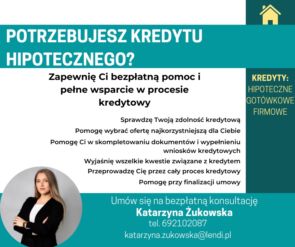 Grafika reklamowa z ofertą wsparcia w procesie kredytowym w Libiążu, z portretem kobiety w czarnej marynarce i informacjami kontaktowymi.