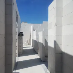 Wnętrze budynku w trakcie budowy z białych bloków, widoczne fragmenty ścian i niebo w tle, poziomica laserowa zamocowana na ścianie.