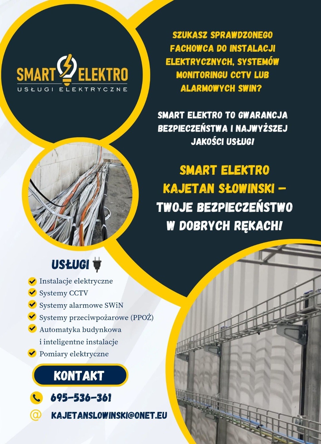 Grafika reklamowa firmy Smart Elektro z wizualizacją instalacji elektrycznych i systemów alarmowych SWIN, CCTV. Kontakt: 695-536-361, kajetanslowinski@onet.eu.