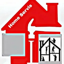 Graficzne logo firmy Home Servis przedstawiające czerwony kontur domu z białym napisem, wkomponowane w kształt klucza, z ikonami sylwetek osób pracujących wewnątrz domu.