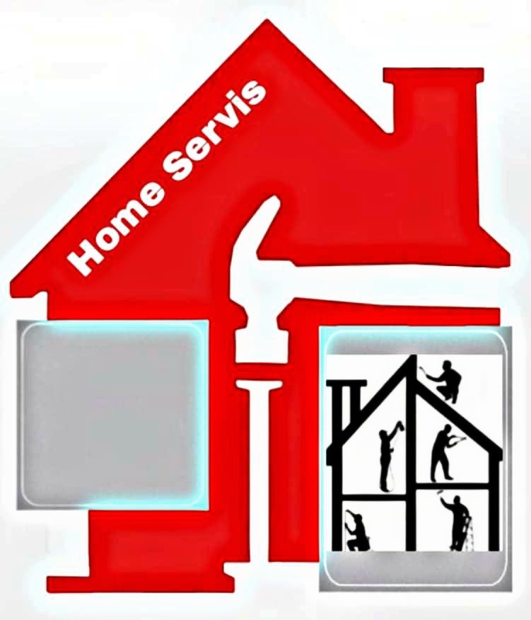 Graficzne logo firmy Home Servis przedstawiające czerwony kontur domu z białym napisem, wkomponowane w kształt klucza, z ikonami sylwetek osób pracujących wewnątrz domu.