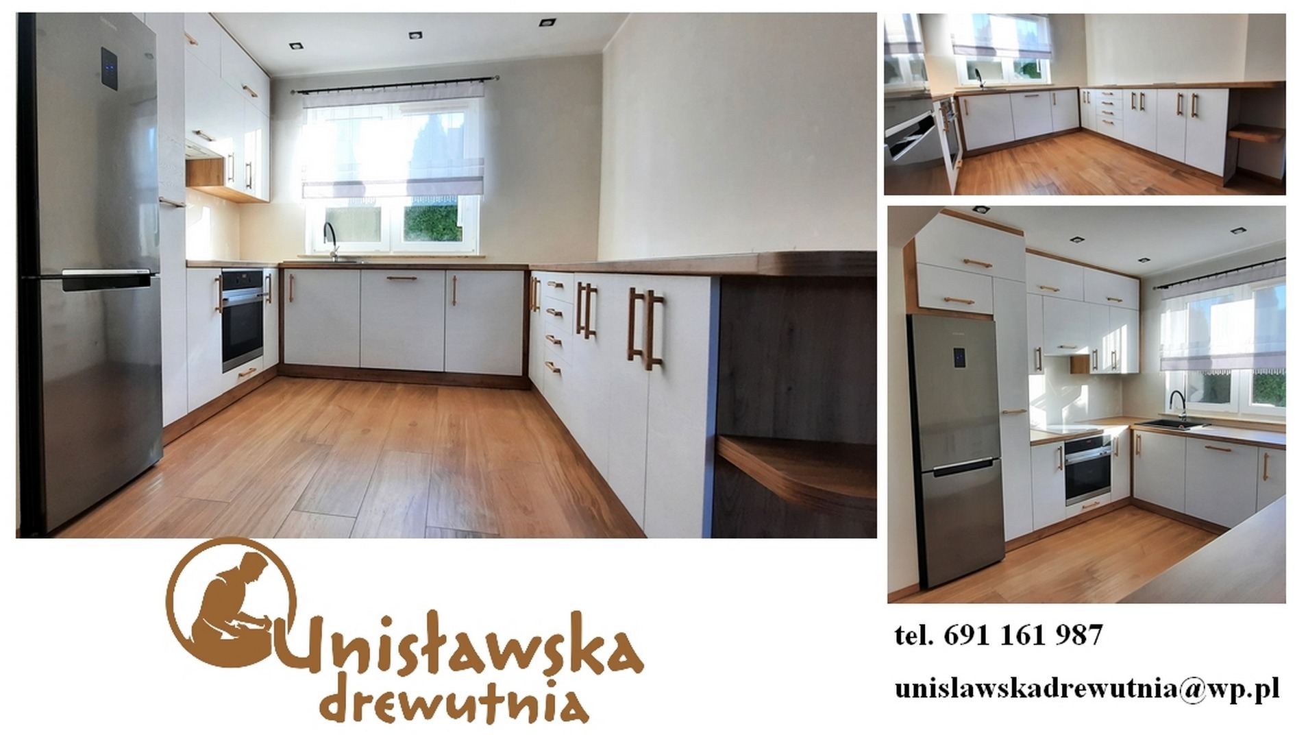 Jasna kuchnia z białymi szafkami i drewnianymi blatami, widoczny srebrny lodówka i drewniana podłoga, uchwyty szafek w kolorze miedzi, w tle okno z żaluzjami.