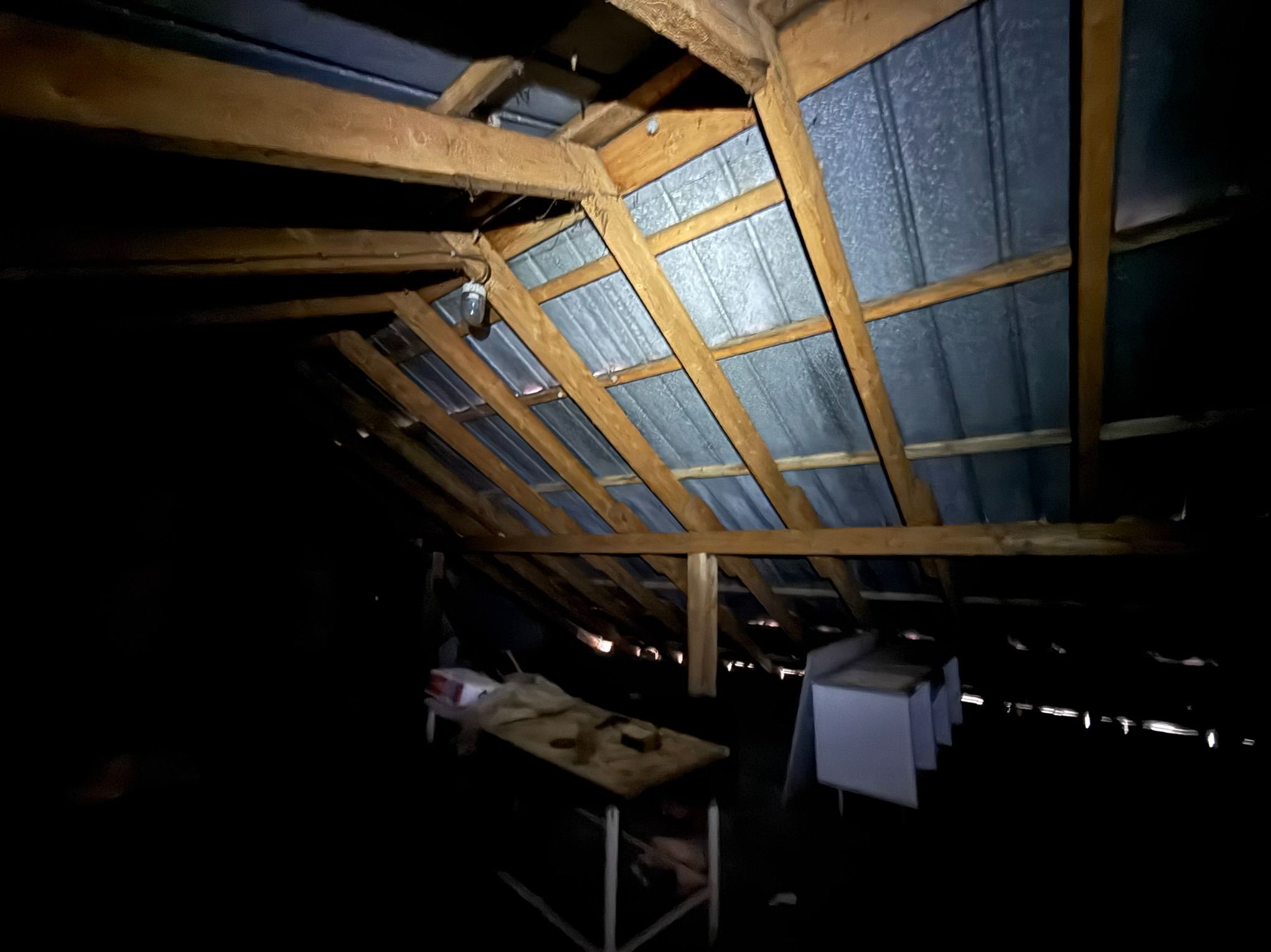 Poddasze z drewnianą konstrukcją dachu i blachą trapezową, oświetlone punktowo. Widoczne elementy wyposażenia, w tym stoły. Niska ekspozycja, ciemne otoczenie.