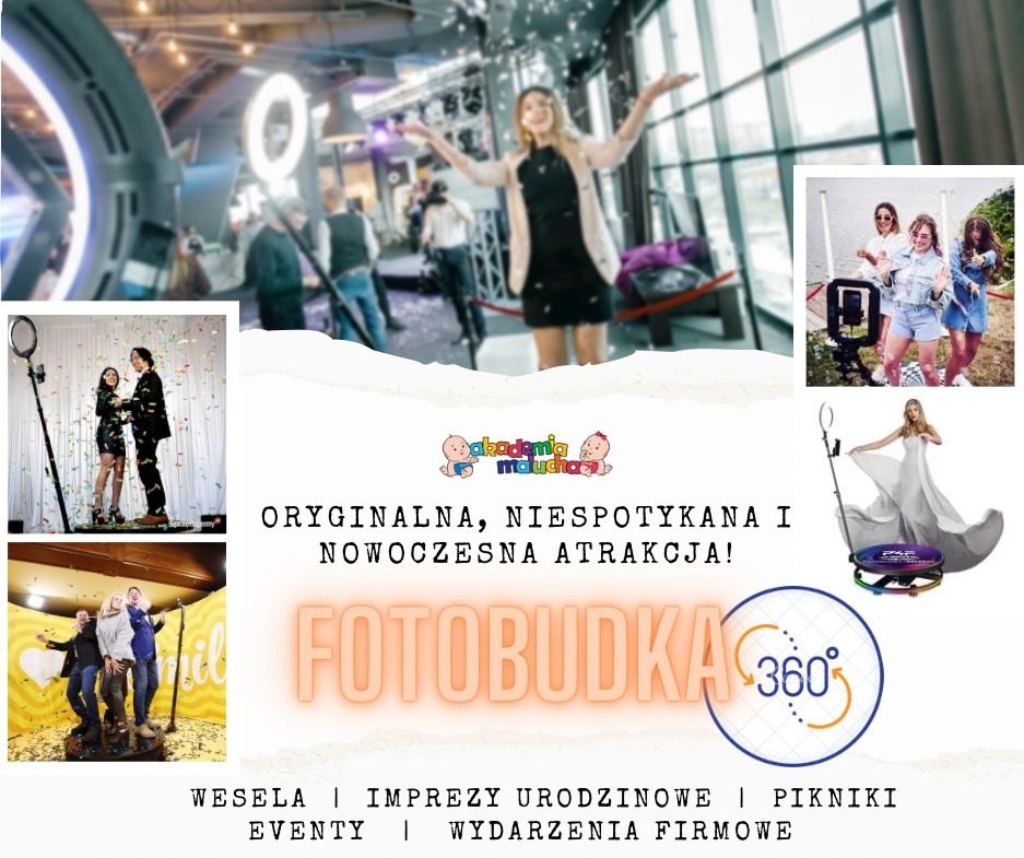 Kompozycja zdjęć z fotobudki: ludzie pozujący w różnych konfiguracjach i lokalizacjach, ujęcia z różnych kątów, prezentacja sprzętu do fotobudki 360 stopni, napis 'FOTOBUDKA' i informacje o imprezach.