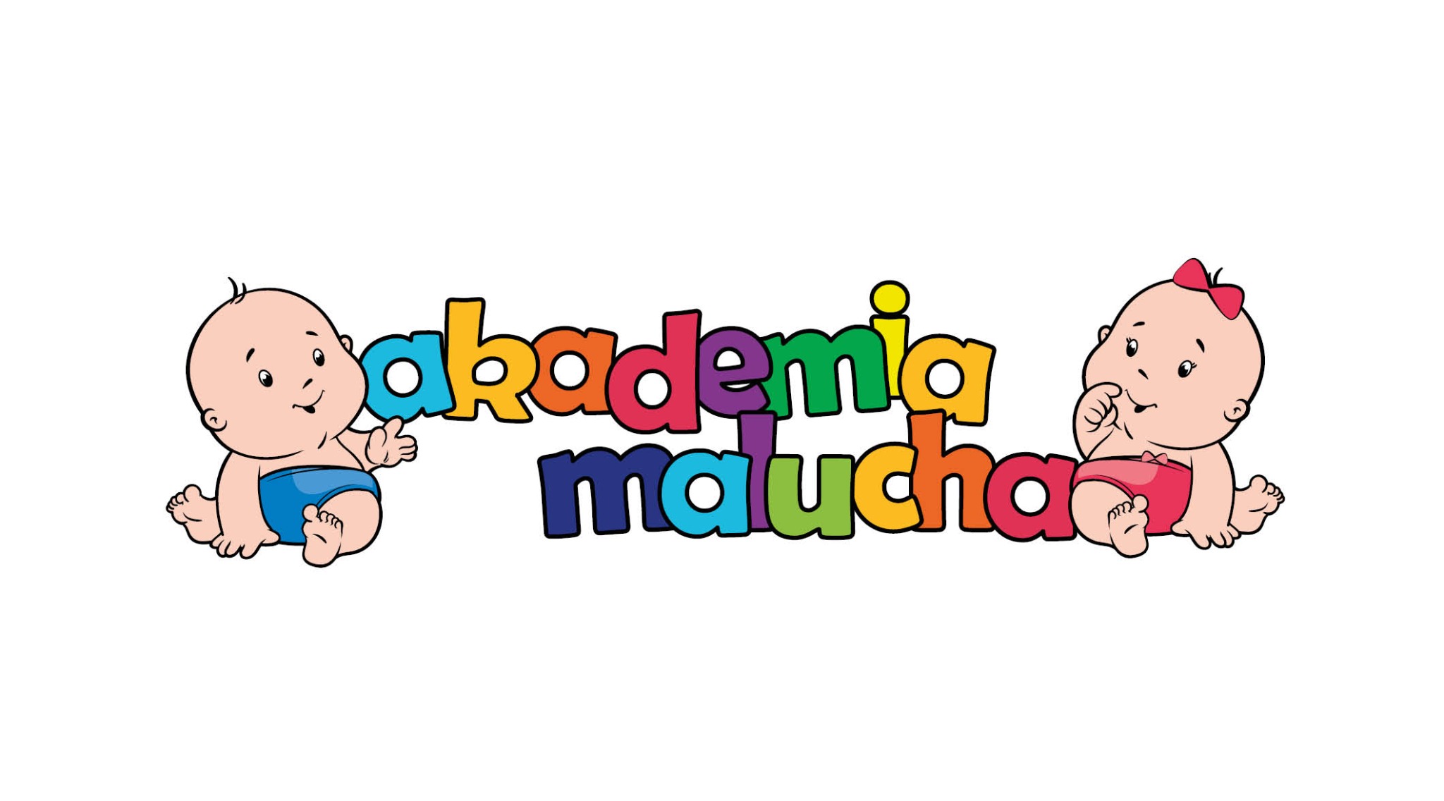 Ilustracja przedstawia kolorowe logo 'akademia malucha' z dwoma rysunkowymi niemowlętami po bokach, jedno w niebieskiej pieluszce, drugie w czerwonej z kokardką.