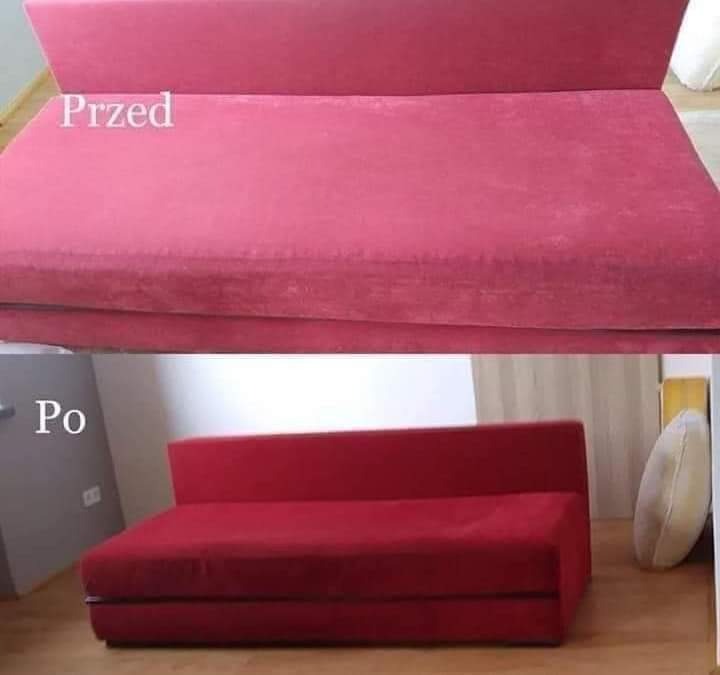 Czerwona sofa tapicerowana: porównanie stanu przed i po zabiegu odświeżającym, widoczne wyraźne różnice w czystości i intensywności koloru.