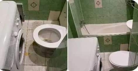 Zdjęcie przedstawia łazienkę z zielonymi płytkami, widoczna toaleta z otwartą klapą, pralka oraz wanna. Na podłodze widoczne zabrudzenia.