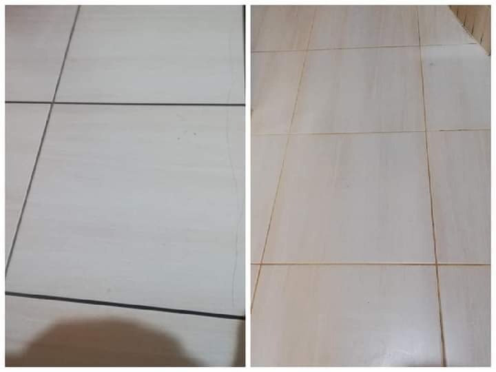 Porównanie płytek podłogowych przed i po czyszczeniu, widoczne różnice w kolorze fug i ogólnym wyglądzie powierzchni.