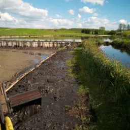 Częściowo osuszony staw z widocznym błotem, fragmentem maszyny i zielenią brzegów, pod błękitnym niebem z obłokami.