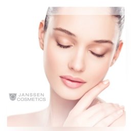 Salon Kosmetyczny Marlena - Portret kobiety z zamkniętymi oczami, delikatny makijaż, dłoń dotyka policzka, widoczne logo Janssen Cosmetics.