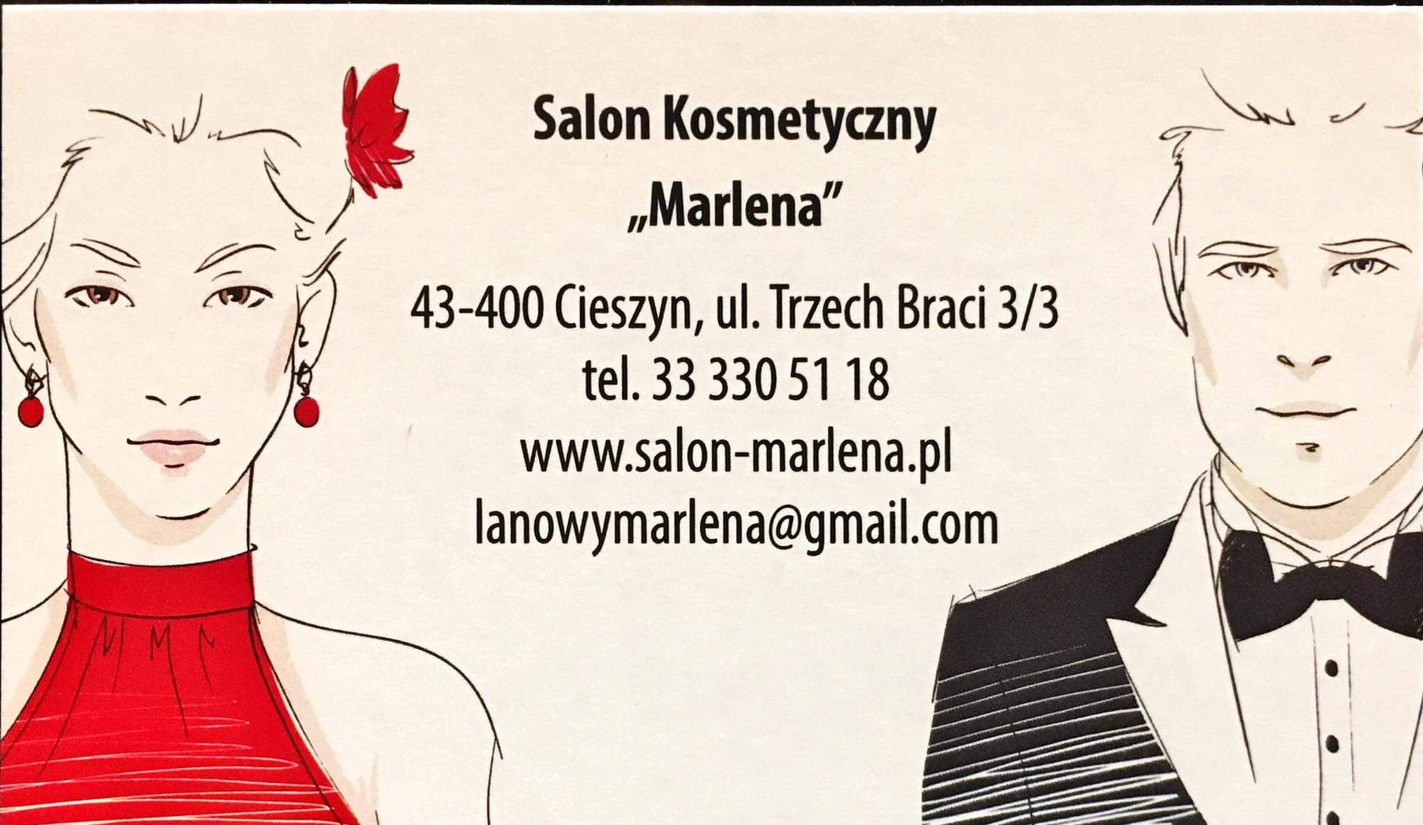 Grafika reklamowa salonu kosmetycznego Marlena w Cieszynie, prezentująca schematyczne portrety kobiety i mężczyzny w eleganckich stylizacjach.