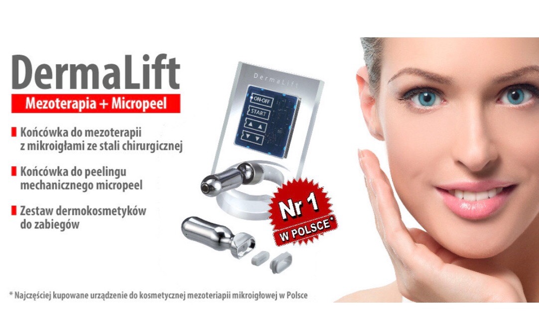 Urządzenie do mezoterapii i micropeelingu DermaLift z końcówkami i panelem sterowania, obok zbliżenie na twarz kobiety z dłonią przy policzku.