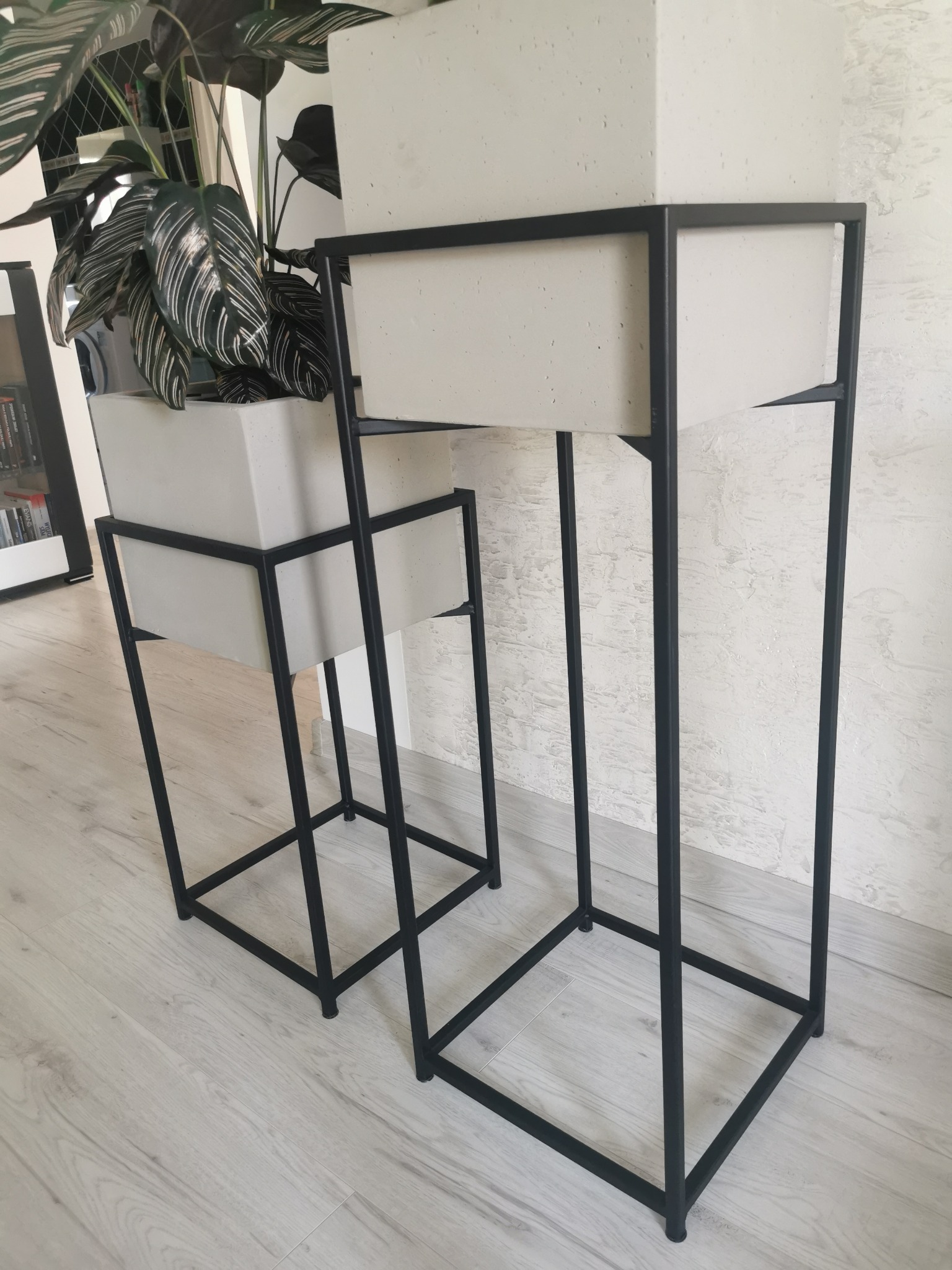 Dwie minimalistyczne, czarne, metalowe konstrukcje na donice z białymi, kwadratowymi wkładami, jedna z rośliną w tle ściana z delikatną fakturą.