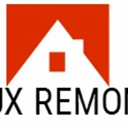 Logo firmy 'LUX REMONT' przedstawiające biały zarys domu na pomarańczowym kwadracie, umieszczone nad napisem 'LUX REMONT' czcionką bezszeryfową.