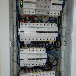 Otwarta skrzynka elektryczna z widocznymi bezpiecznikami, przewodami i elementami sterującymi, w tym zielona dioda sygnalizacyjna, ukazująca złożoność i dbałość o szczegóły instalacji.