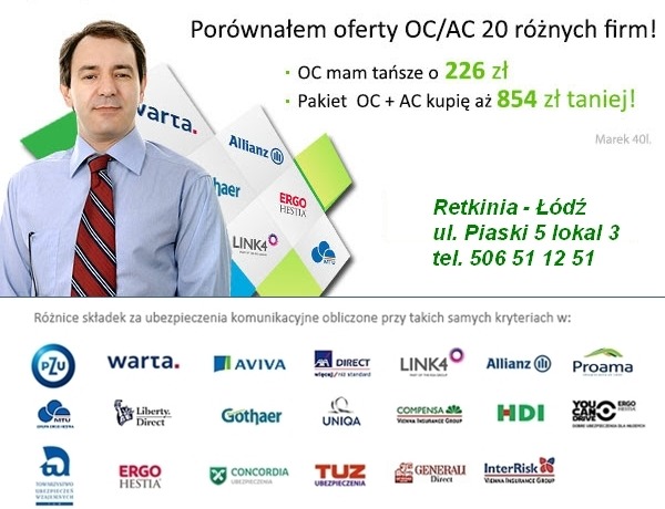 Mężczyzna w koszuli i krawacie prezentujący porównanie ofert OC/AC dwudziestu firm ubezpieczeniowych, z logotypami różnych towarzystw ubezpieczeniowych w tle i informacją o oszczędnościach.