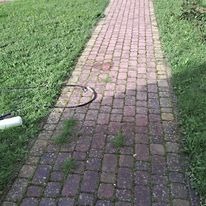 Ścieżka z kostki brukowej porośnięta trawą, z widocznym wężem ogrodowym i fragmentem białego urządzenia, otoczona zielonym trawnikiem.