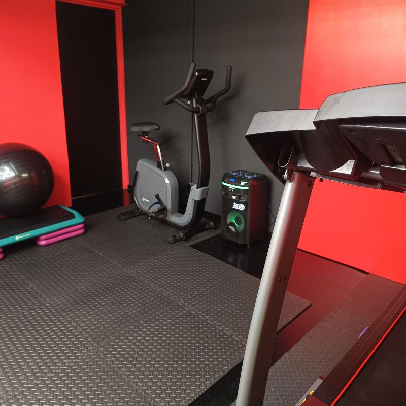 Nowoczesna siłownia: bieżnia, rower stacjonarny, piłka fitness i step na czarnej podłodze. Czerwono-czarne ściany. Sprzęt do ćwiczeń w domowej siłowni.