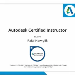 Certyfikat Autodesk Certified Instructor dla Rafała Hawrylika, ważny do 1 lutego 2022 roku, z logo Autodesk.