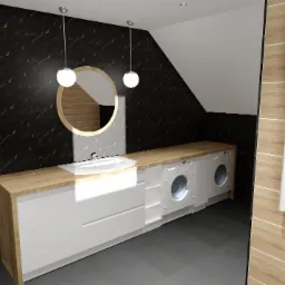 Wizualizacja łazienki na poddaszu z czarną ścianą imitującą marmur, okrągłym lustrem podświetlonym dwoma lampami, białą szafką z umywalką i drewnianym blatem, dwoma pralkami oraz grzejnikiem...