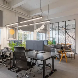 Nowoczesne biuro z czarnymi biurkami, szarymi krzesłami i roślinami, doświetlone podłużnymi lampami LED oraz naturalnym światłem z okien, z dekoracyjną ścianką działową z mapą miasta.