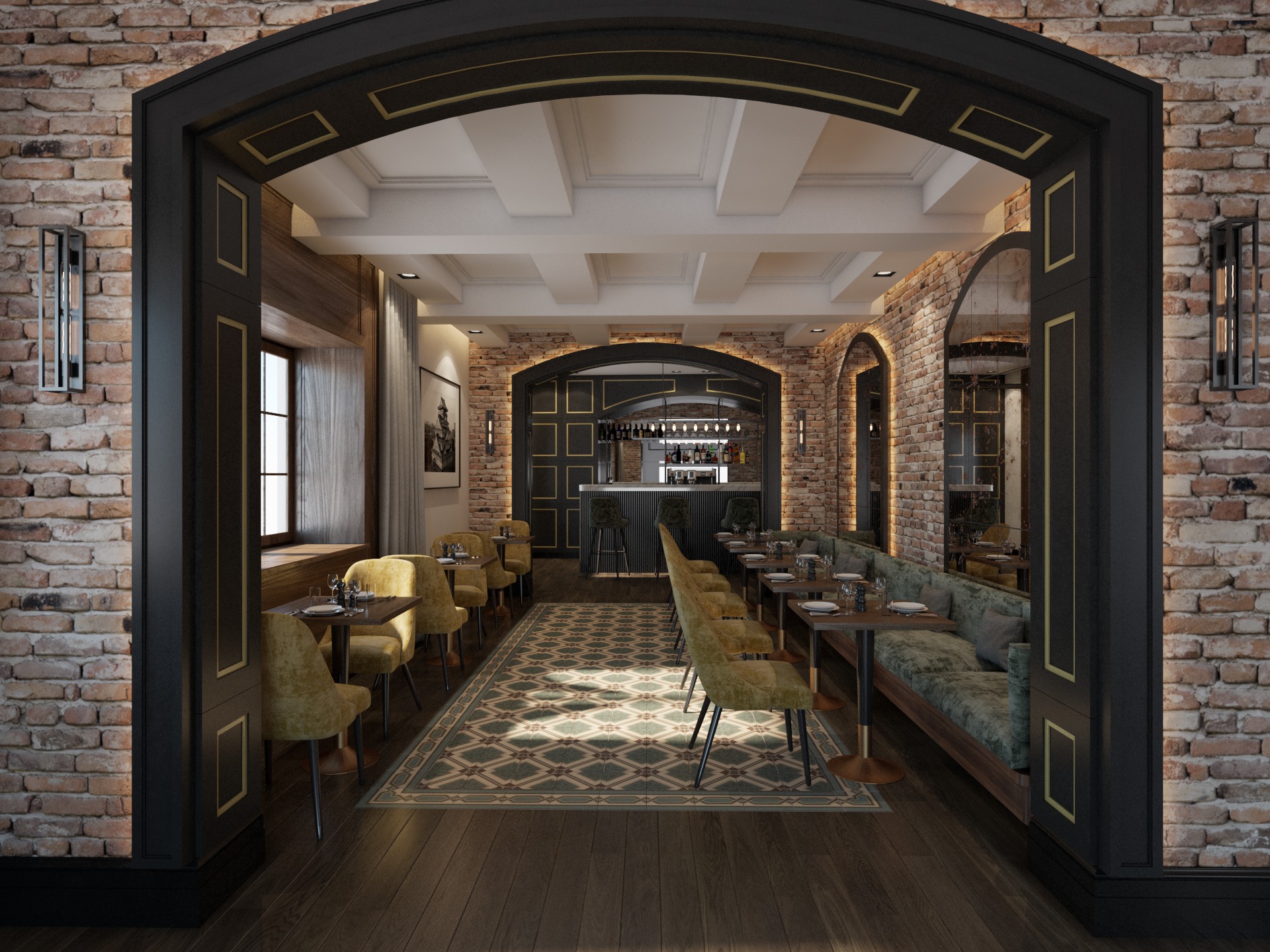 Wnętrze restauracji w stylu loft z ceglanymi ścianami, ciemnym drewnem i zielonymi akcentami, widok przez łukowe przejście na bar i stoliki z nakryciami.