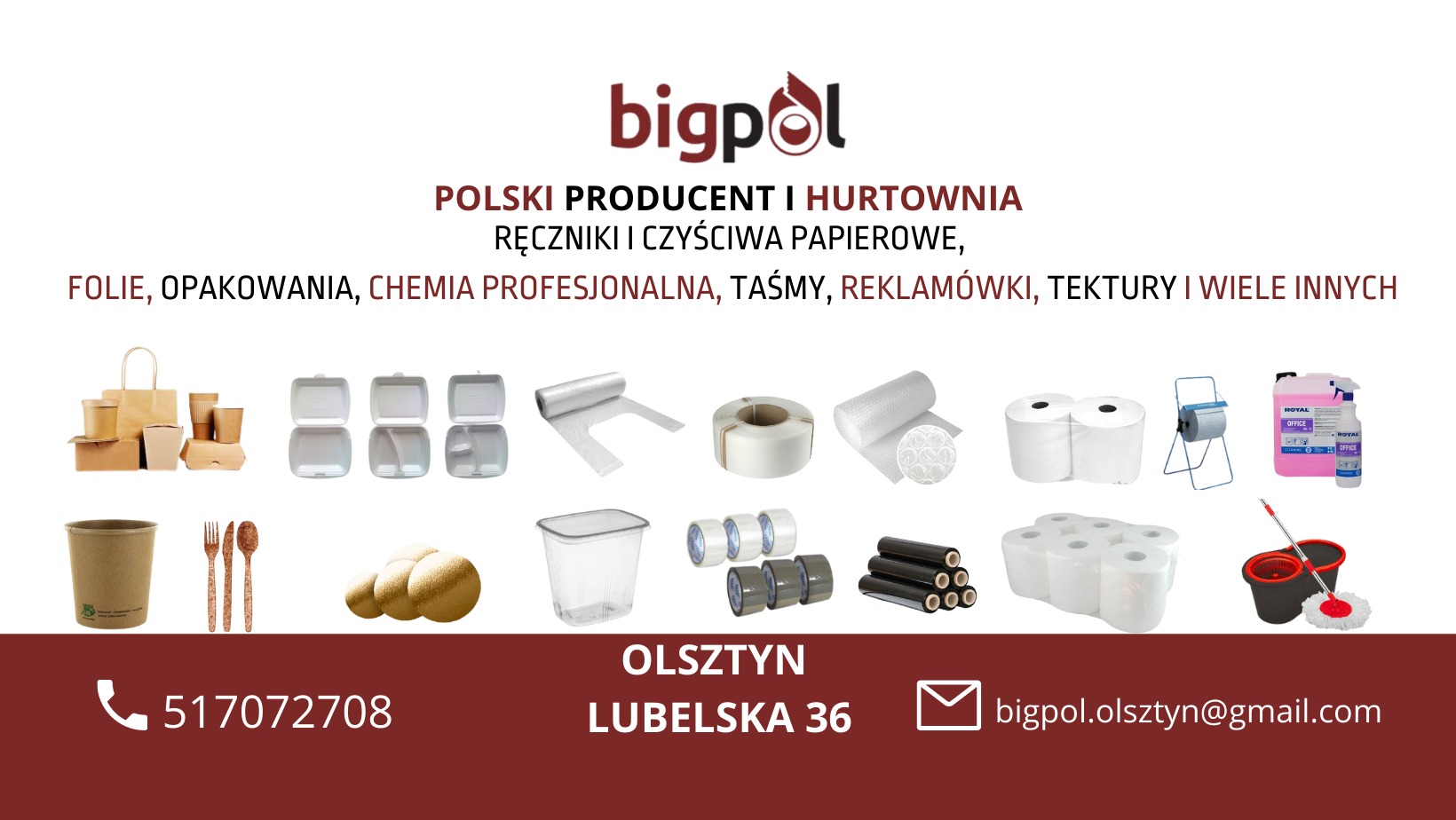 Zestawienie różnych produktów hurtowni: opakowania jednorazowe, folie, taśmy klejące, ręczniki papierowe, środki czystości, prezentowane na białym tle z logo firmy Bigpol w górnej części.