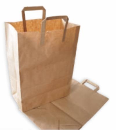 Brązowa, papierowa torba z uchwytami, stojąca pionowo obok rozłożonej, płaskiej torby, na białym tle.