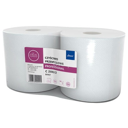 Dwa rolki białego czyściwa przemysłowego Ellis Professional C 200/2, z widoczną etykietą i logo producentów.