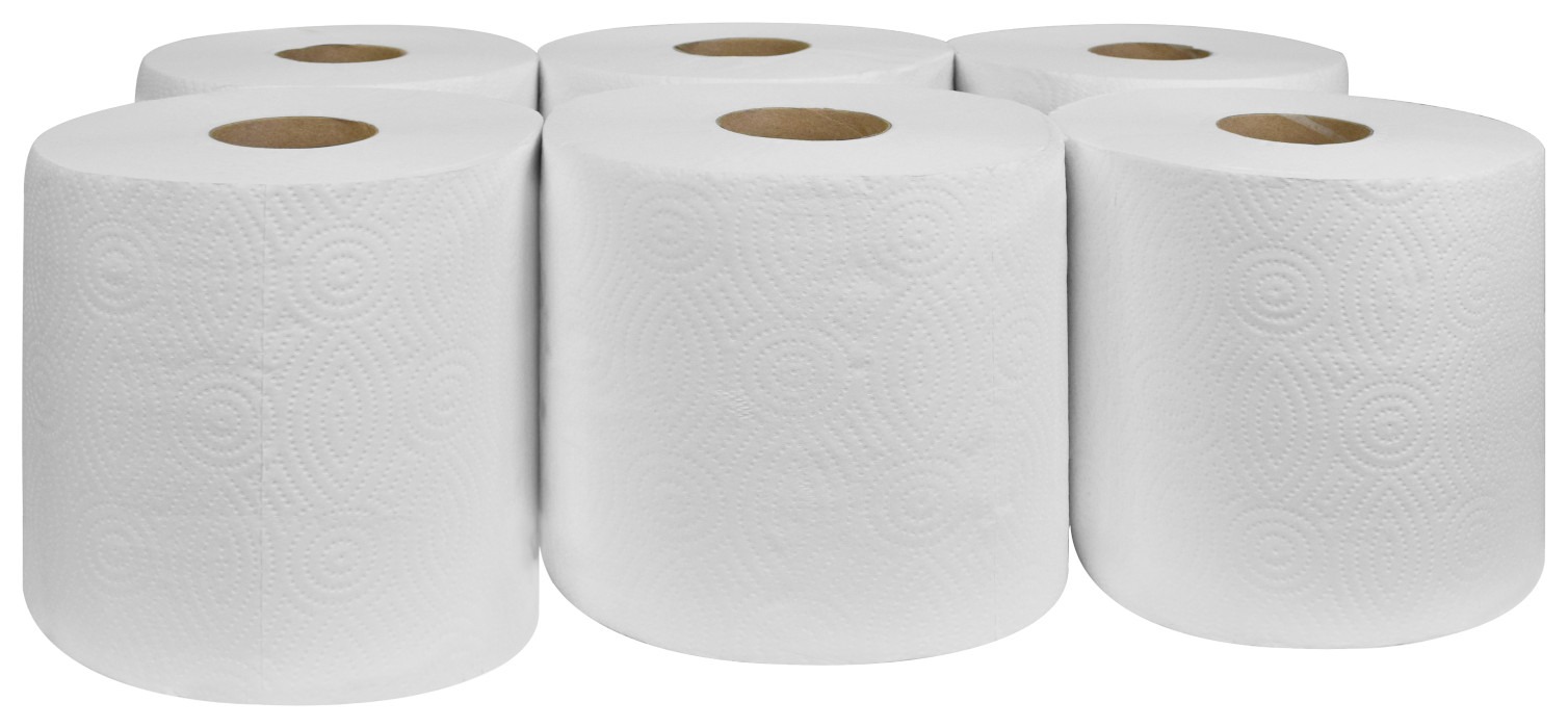 Sześć rolek białego ręcznika papierowego ułożonych w dwóch rzędach, widoczne delikatne wzory wytłoczone na powierzchni papieru.