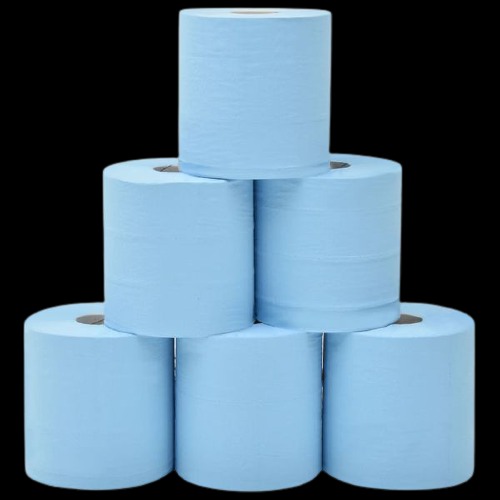 Piramida z sześciu rolek jasnoniebieskiego papieru toaletowego przemysłowego na czarnym tle.