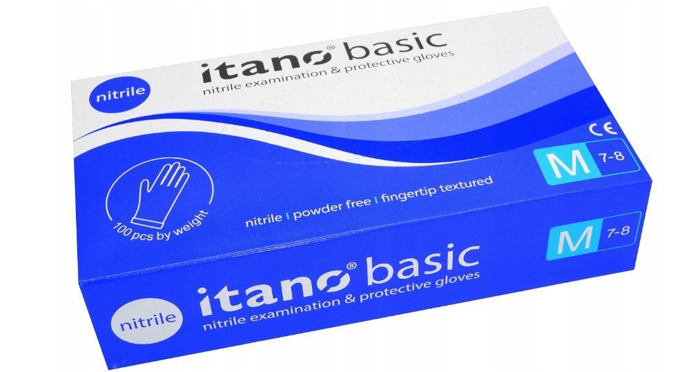 Dwa opakowania niebieskich, nitrylowych rękawic ochronnych marki Itano Basic, rozmiar M (7-8), przeznaczone do badań i ochrony, 100 sztuk w opakowaniu, bezpudrowe i teksturowane na końcach palców.