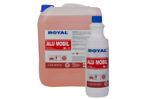 Kanister i butelka z płynem do mycia samochodów marki Royal Alu Mobil RO-11, na białym tle.