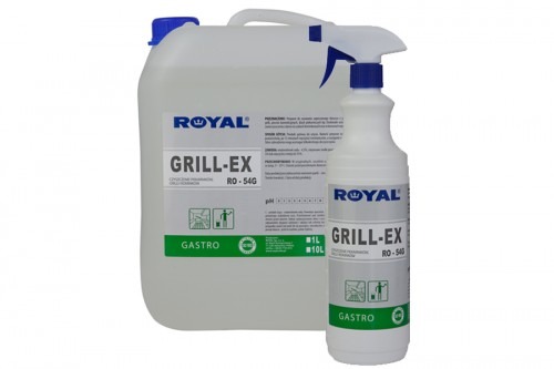 Kanister i butelka z rozpylaczem środka do czyszczenia grilli ROYAL GRILL-EX RO-54G i RO-54S na białym tle.