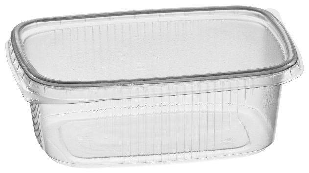 Pojemnik plastikowy, transparentny, prostokątny z wieczkiem, widoczne pionowe żłobienia na ściankach.
