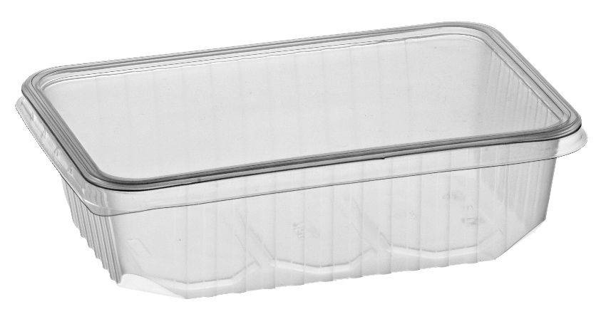 Prostokątny, przezroczysty pojemnik plastikowy z pokrywką, widoczny pod kątem, na białym tle.