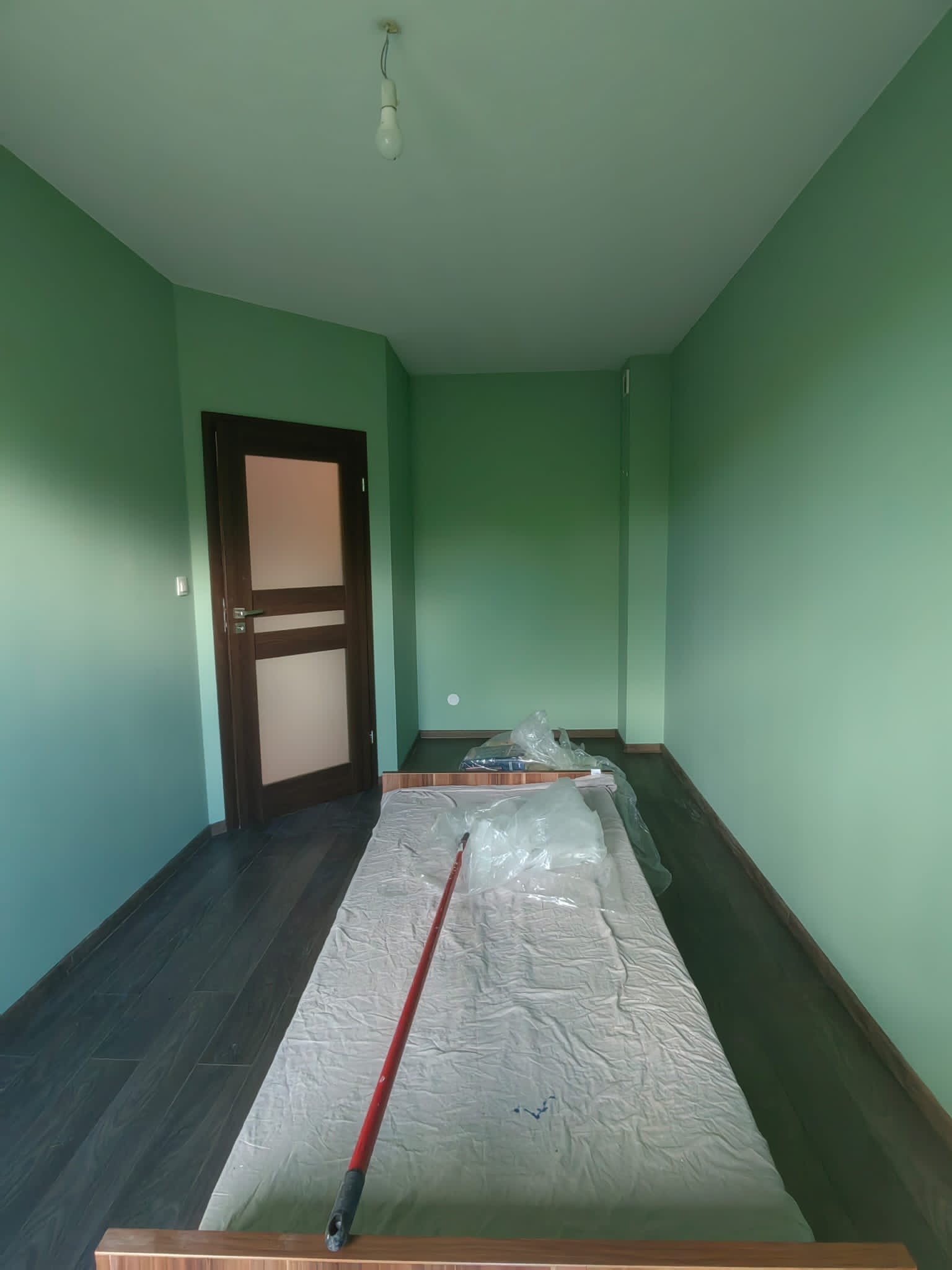 Pokój w odcieniach zieleni po malowaniu, zabezpieczone folią meble, widoczny wałek malarski z czerwoną rączką, ciemna podłoga, brązowe drzwi z przeszkleniami.