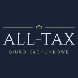 Eleganckie logo biura rachunkowego All-Tax z motywem korony, na granatowym tle.