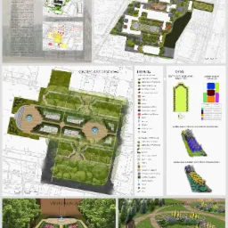 Plan zagospodarowania zieleni przy szpitalu klinicznym, zawierający rzuty, wizualizacje rabat i ogólny układ przestrzenny z elementami reprezentacyjnymi i kontemplacyjnymi.