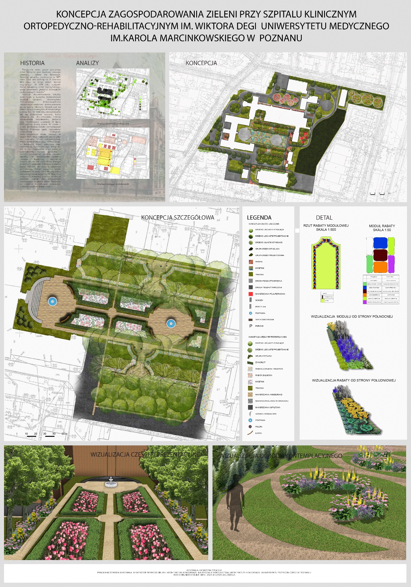Plan zagospodarowania zieleni przy szpitalu klinicznym, zawierający rzuty, wizualizacje rabat i ogólny układ przestrzenny z elementami reprezentacyjnymi i kontemplacyjnymi.